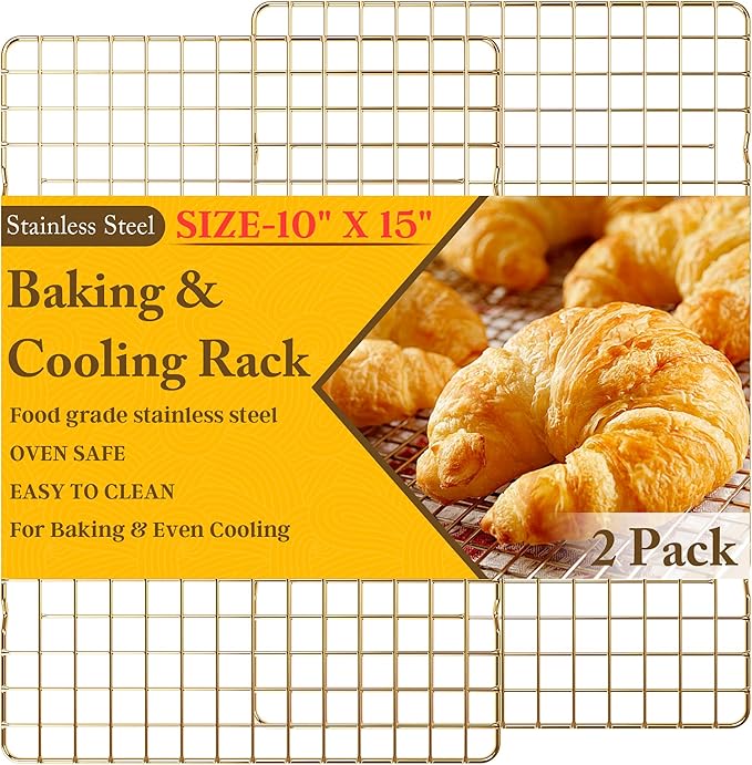 2-Pack Cooling Racks for Cooking and Baking - 10" x 15"Heavy Duty Stainless Steel Wire Rack for Baking, Grilling, Roasting - Oven & Dishwasher Safe - Fits Jelly Roll Sheet Pan(Gold)