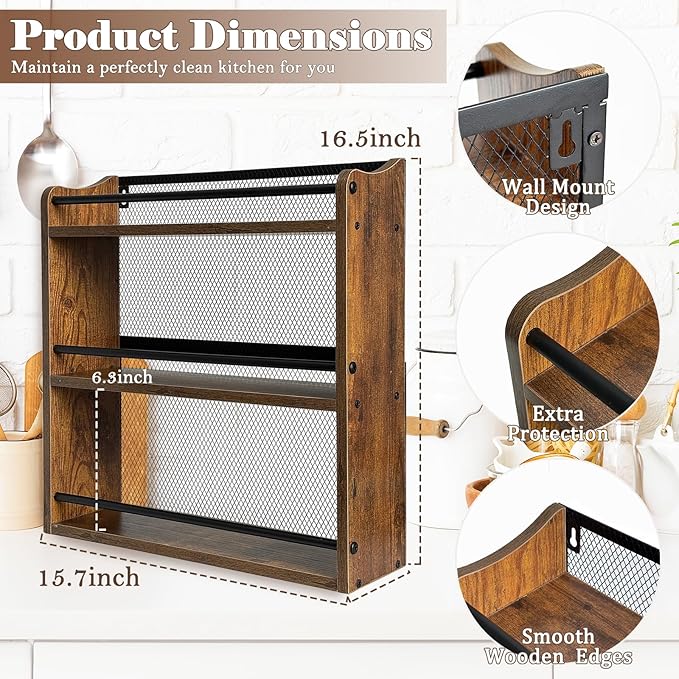Klxuyuo Spice Rack Wall Mount for Spice Jars & Seasonings, 3 Tier Large Wall Hanging Spice Rack Organizer for Kitchen Cabinet, Pantry Door