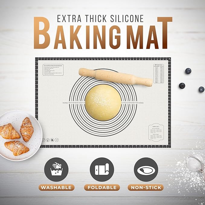 28 * 20 inches black, Non-Slip Silicone Baking Sheets - Baking Mat with 0.7mm Thickness - Non-Stick Pastry & Cookie Mat for Kitchen Counter for Rolling Out Dough with Measurements.