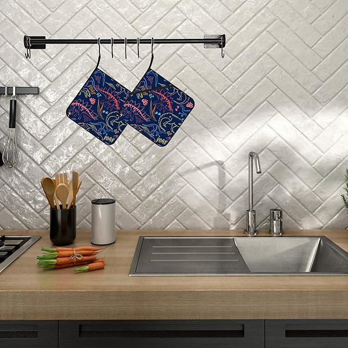 Coloful Dino Silhouette Pot Holders 2 PCS for Kitchen, Heat Resistant Hot Pads for Cooking Grilling Baking BBQ, Pot Holders for Women Cook Essentials Accessories Home Microwave