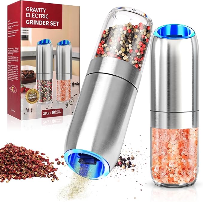 BoAn Gravity Electric Salt and Pepper Grinder Set, Stainless Steel Electric Pepper Grinder, Refillable Spice Mill,Large Chamber,Ceramic Rotor,Adjustable Coarseness, LED for Kitchen & Gourmet Cooking
