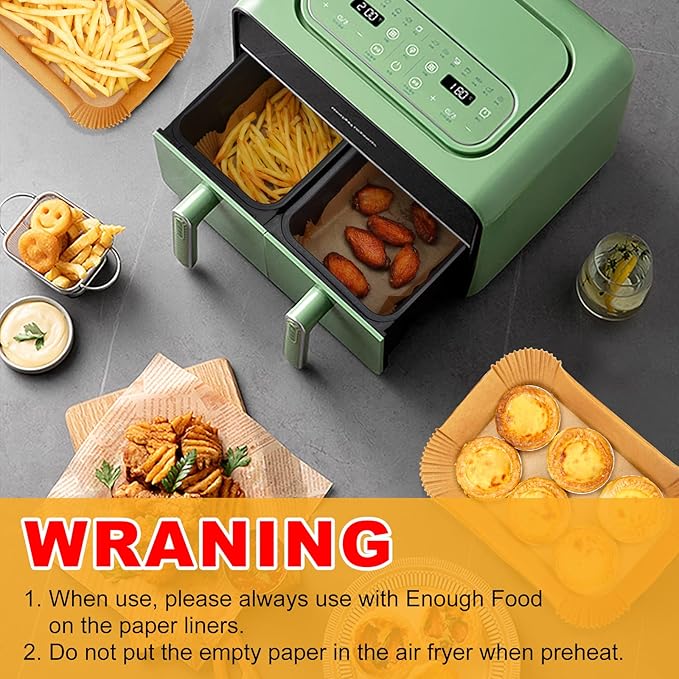 Vailnd Air Fryer Liners Disposable for Dual Basket, 100Pcs 8x5.5 Inch Rectangle Air Fryer Paper Liner for Ninja DZ201 DZ401, Chefman/COSORI 2-Basket Air Fryer, Oil Proof Parchment Paper