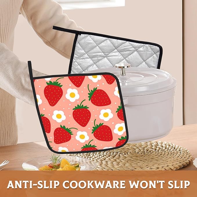 2PCS Fruit Design Strawberry Groovy Floral Pot Holder with Loop,Heat Resistant Oven Pads,Hot Pat for Kitchen Cooking Baking Food