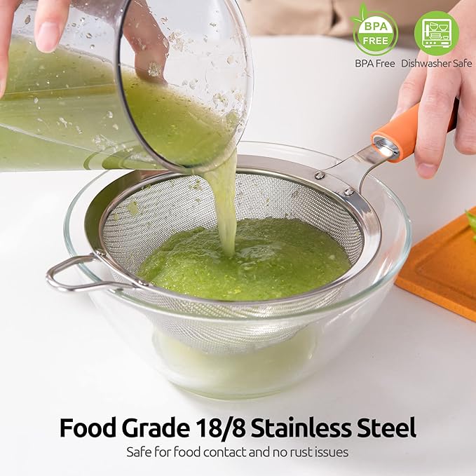 18/8 Stainless Steel Mesh Strainer: U-Taste 5.5 Inch Kitchen Fine Mesh Sieve Food Colander with Riveted Sturdy Silicone Handle and 30 Mesh Hole for Straining Flour, Pasta, Fruit, Quinoa (Orange)