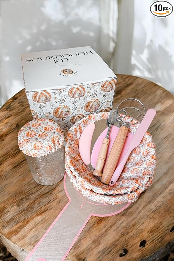 10 Piece Sourdough Kit | Vintage Jar | Bannetons Proofing | Custom Cute Jar and Cover | Dough Whisk | Pink Dough Scraper Cutter | Bread Lame | Silicone Spatula