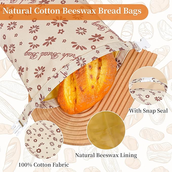 KONGDY 2 Packs Reusable Beeswax Bread Bags, Cotton Homemade Sourdough Bread Bags, Perfect Bag for Home-Baked, 12x17 inch