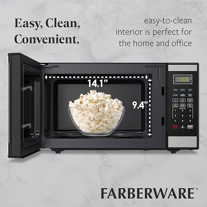 Farberware 1.1 Cu. Ft. Countertop Microwave Oven – 1000W Power, Auto Cook Settings, Defrost, and Safety Lock Stainless Steel, Black Stainless