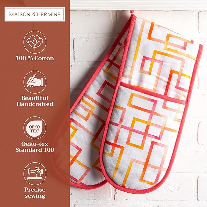 Maison d' Hermine Double Oven Mitts 100% Cotton 7"x35" Double Oven Mitt Heat Resistant BBQ Cooking Gloves with Loop, Baking, Grilling, Home, Kitchen, Handling Hot Pans Spring Summer (Summer Maze)