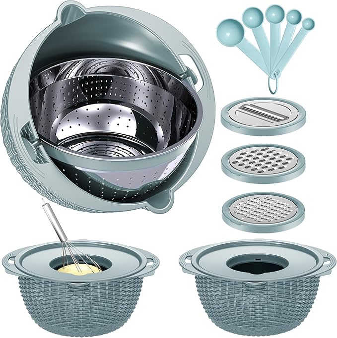 4-1 Strainer Bowl with Lid Set - Strainers and Colanders - Colanders for kitchen - Food Strainer with Graters & Spoons - Fruit Washing Bowl with Colander Pasta Rice Strainer for Veggie Wash - Blue