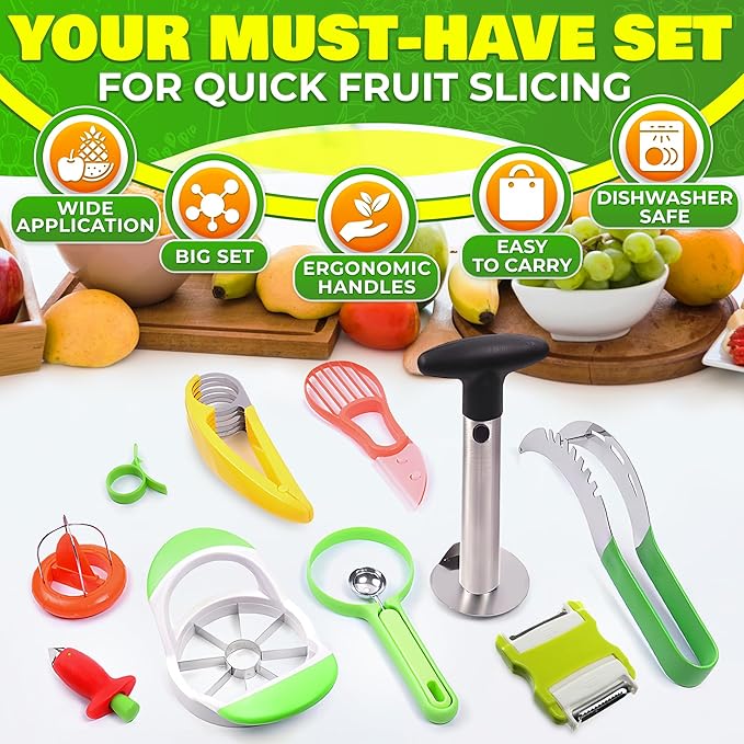 10 Pcs Fruit Slicer Set Fruit Cutting Tools - Pineapple Corer and Slicer Kiwi Cutter Apple Slicer and Corer Cantaloupe Cutter Strawberry Huller Watermelon Cutter Slicer Tool - Banana Cutter Slicer