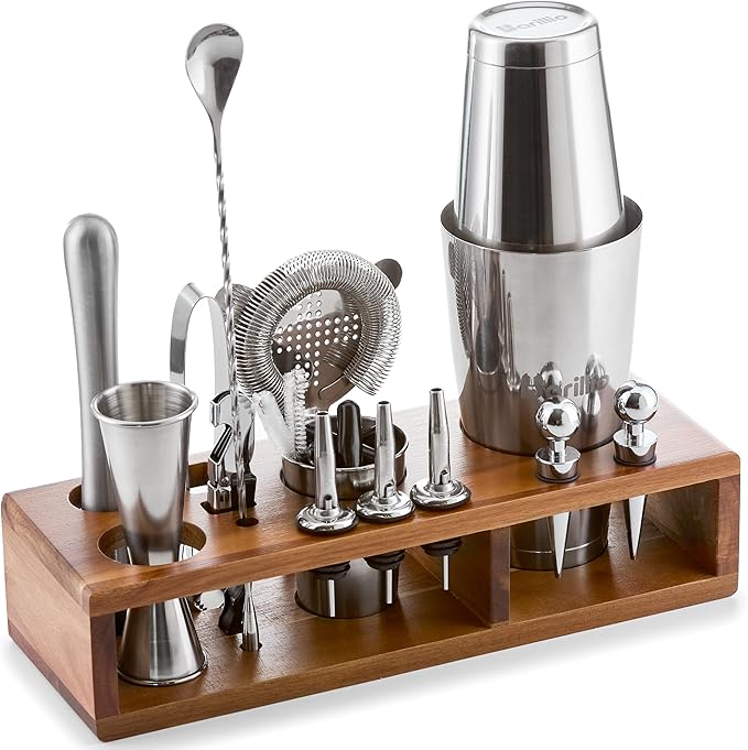 Barillio Bartender Kit – 23-Piece Stainless-Steel Cocktail Shaker Set with Premium Acacia Stand | Martini Barware Mixing Tools for Home Bartending | Gift Set