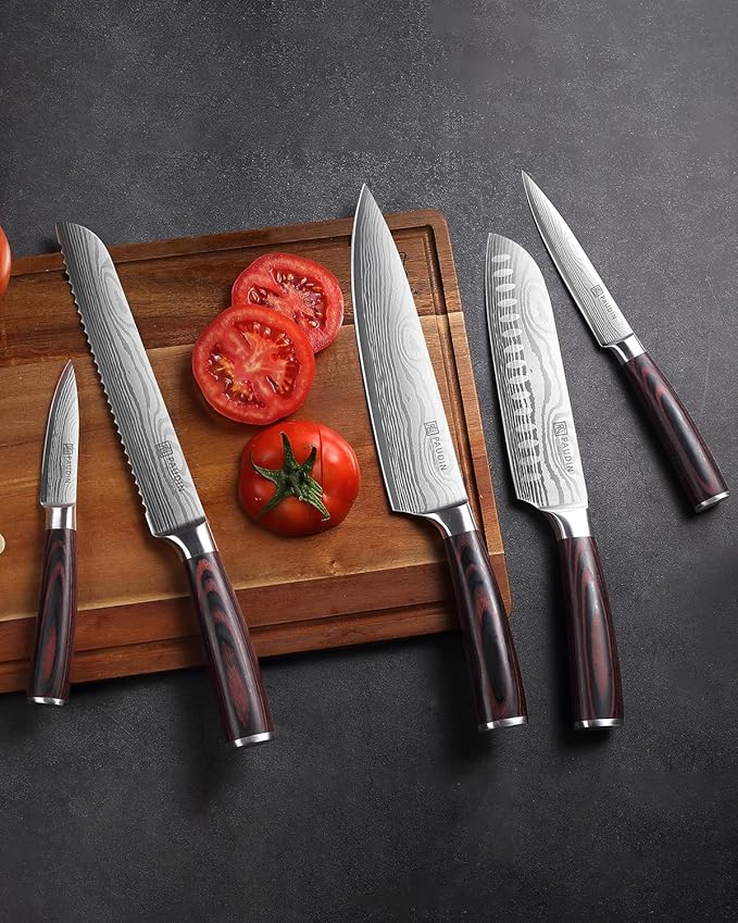 PAUDIN Kitchen Knife Set, Ultra Sharp Knife Set with Pakkawood Handle, High Carbon Stainless Steel Knives Set for Kitchen, 5 Piece Chef Knife Set Come with Gift Box