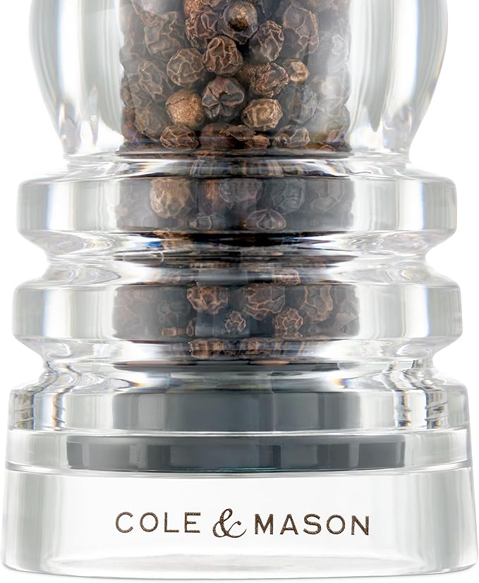Cole & Mason London Refillable Spice Mill - Kitchen & Home Accessory - Salt & Pepper Grinder Set - Salt Mill with Ceramic Mechanism - Pepper Mill with Carbon Steel Mechanism - 7", Acrylic