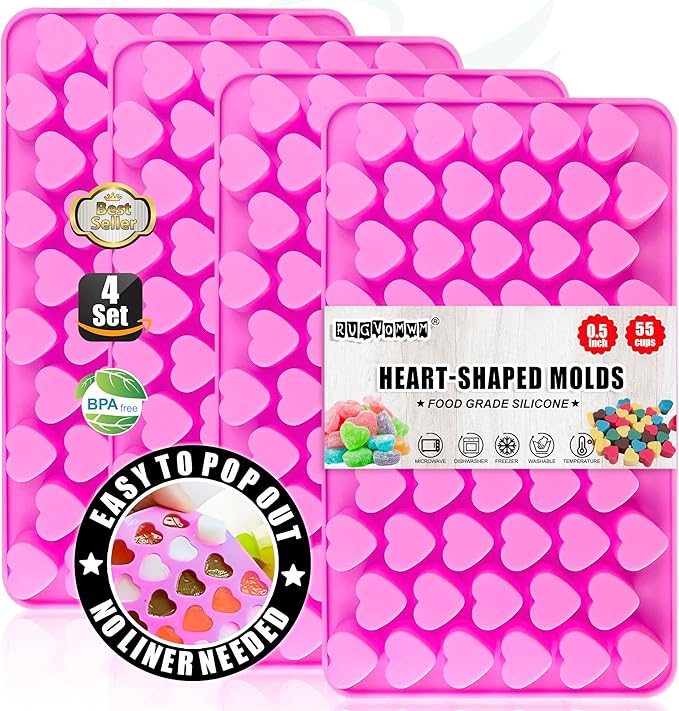 Silicone Mini Heart Molds,Ice Cube Heart Molds Gummy Heart Molds Mini Heart Shape Mold for Baking Silicone Molds for Candy Chocolate Soap Jelly Cake Heart Ice Tray - 4 Pack - Pink