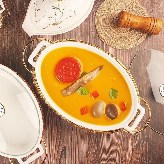 11" x 7" Ceramic Oval Casserole Dish with Glass Lid and Gold rack, 1.3 Quart White Serving Soup Tureen,Chafing Dish for Buffet, Family Food preserve Tray, Catering Casserole for Party Style