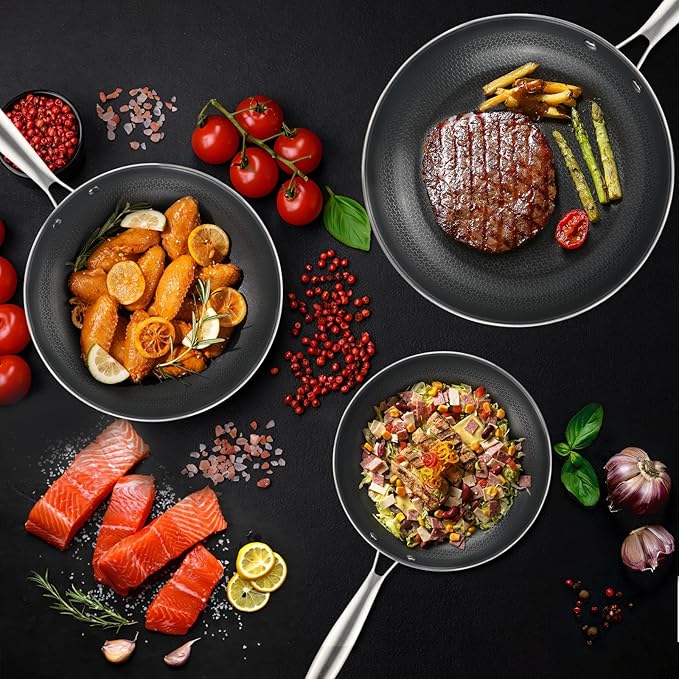 Stainless Steel Nonstick Frying Pan, Hybrid Ceramic 8-Inch Frying Pans, Stay-Cool Handle, PFAS & PFOA PTFE Free, Dishwasher & Oven Safe, Scratch-Resistant, Compatible with Induction & All Cooktops
