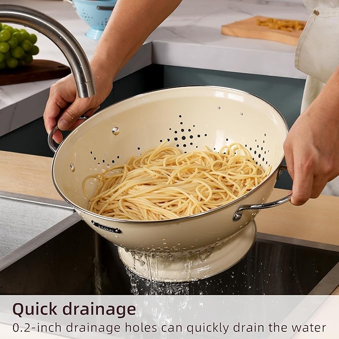 Metal Colander 2 Pack, Strainer Bowel with Handles 2Qt & 6Qt Powder Coated Solid Ring Base Heavey Duty Kitchen Drainer Basket for Pasta Veggies and Fruits,New Home Apartment Essentials (Almond Cream)