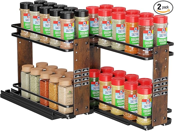 Nieifi Pull Out Spice Rack Organizer, 2 Tiers, Wood Grain, Spice Organization for Cabinet, Height Adjustable, Easy to Install