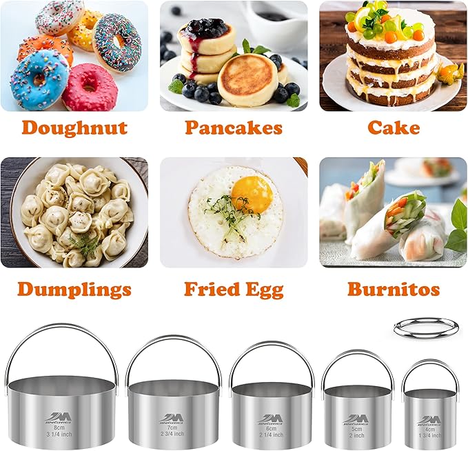 5 Pieces Circle Biscuit Cutter,Professional Stainless Steel Round Cookies Mold Tool with Handle for Baking GIFT Package