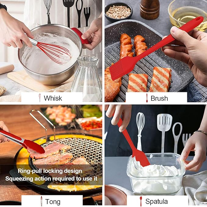 LIANYU 12-Piece Red Silicone Kitchen Cooking Utensils with Holder, Kitchen Tools Set Include Slotted Spatula Spoon Turner Ladle Tong Whisk, Dishwasher Safe