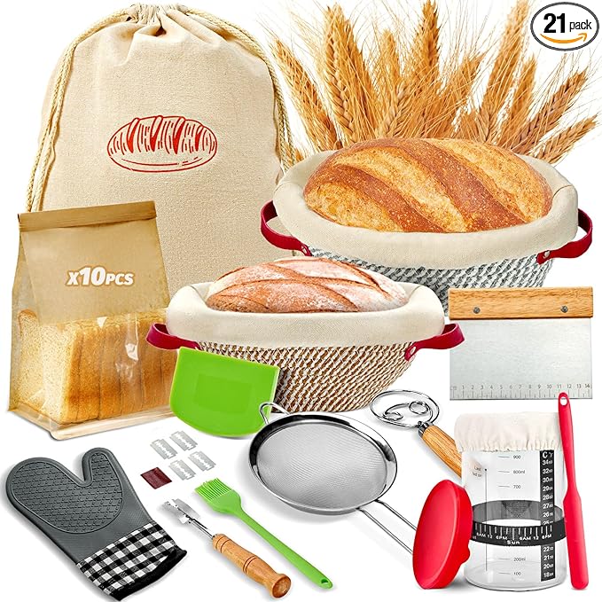 HASHMUST Banneton Bread Proofing Basket Kit, Sourdough Starter Jar Set, 9'' Round 10" Oval Fermentation Bowls Homemade Baking Supplies, Tools with Dough Whisk Cutter Lame Scraper Brush Scraper Bags