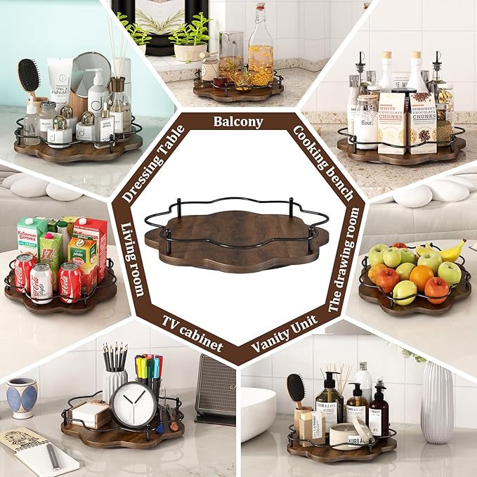 12" Lazy Susan Turntable Organizer,Round Wooden Lazy Susan Organization and Rotating Spice Rack for Dining Table,Pantry,Kitchen Countertop,Vanity,Cupboard and More.Vintage Wood(Petal Shape)
