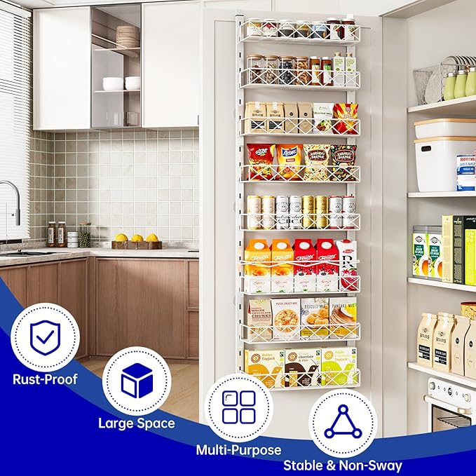 MIAOLI Over the Door Organizer, White 8-Tier Pantry Door Organizer with Adjustable Basket, Hanging Spice Rack Cabinet Door Shelves, Laundry Room Organization and Storage