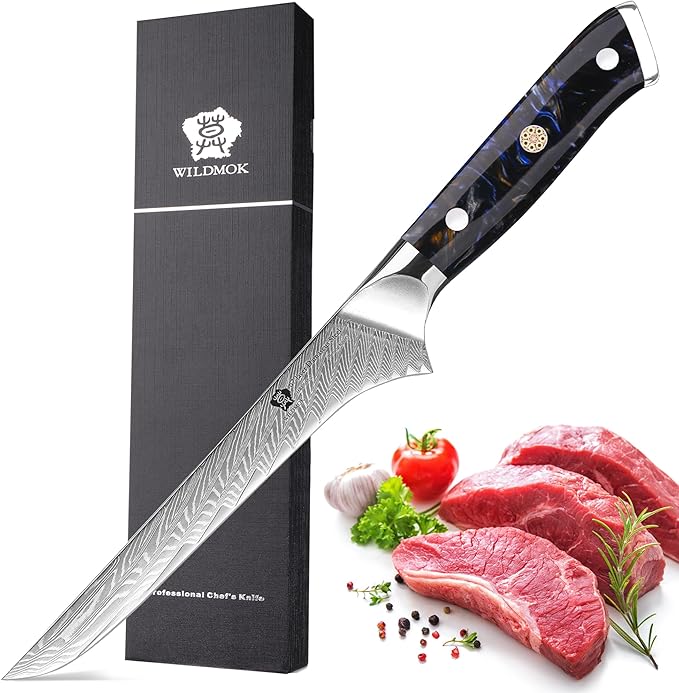 WILDMOK Boning Knife - 7 Inch Damascus Japanese Trimming Knife, Professional Grade, Resin Full Tang Handle