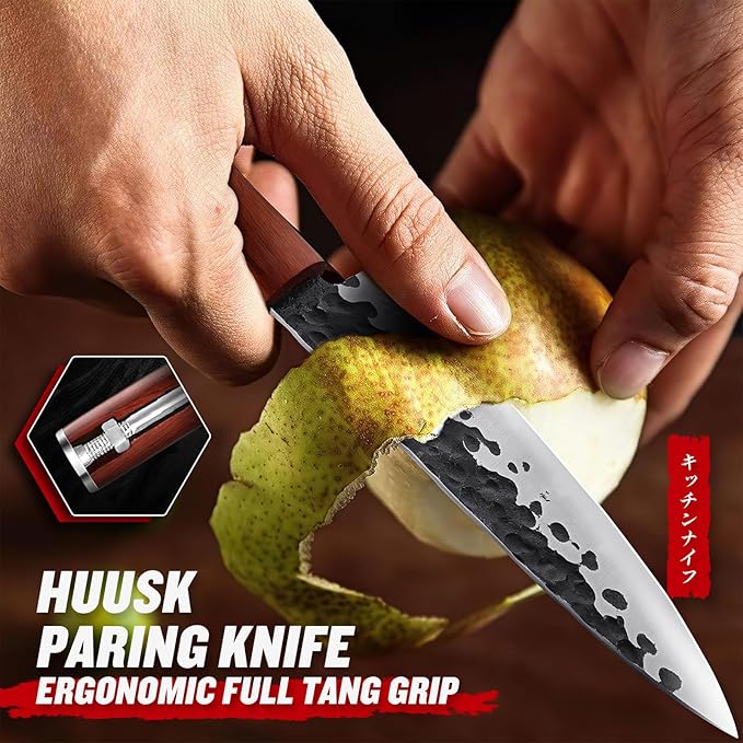 Huusk Japanese Paring Knife 5 Inch, Hand Forged Fruit Knife, High Carbon Steel Utility Kitchen Knife, Japanese Petty Chef Knife with Rosewood Handle, Small Peeling Knife for Vegetable, Gift for Dad