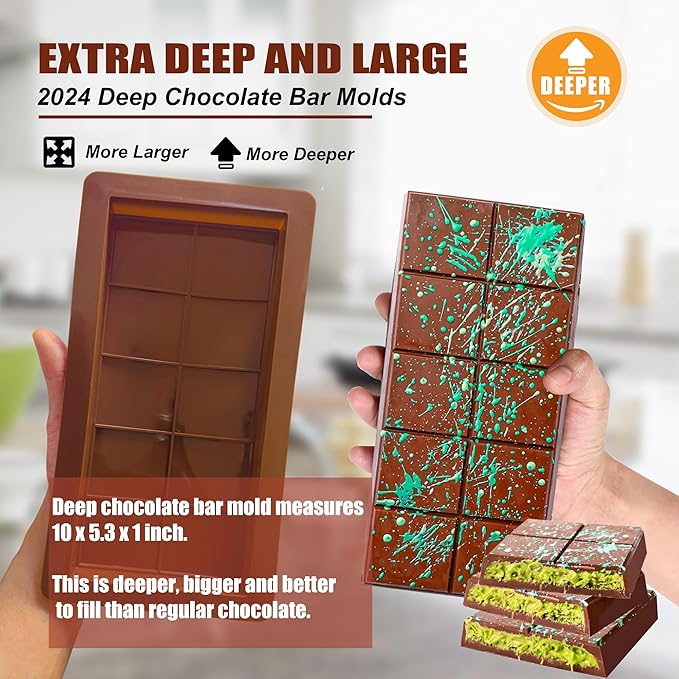 2 Pack Deep Chocolate Bar Molds Silicone,Large Stuffed Dubai Pistachio Deep Bar Moulds Kit 1 Inch Thick Big,for Homemade Making Bar Candy Bar Bpa Free DIY.