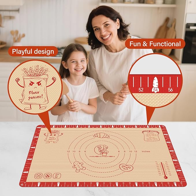 Extra Thick Silicone Baking Mat with Recipes - 26x16 inch Non Stick Pastry Mat with Measurements for Sourdough, Macarons, Bread, Pizza, Dough Rolling, Kneading, Heat Resistant to 480°F Gift for Baker