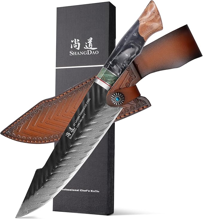 SHANGDAO Damascus Chef Knife 8 Inch,67 Layers Alloy Steel Professional Kitchen Knives with Leather Sheath, Hand Forged Resin & Wood Handle QILIN Series