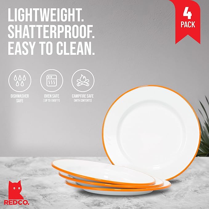 Red Co. Set of 4 Enamelware Metal Classic 10" Round Dinner Plate, Solid White/Orange Rim