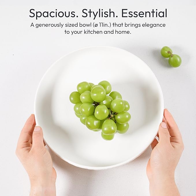 Granite Inspired Matte White Fruit Bowl | Wide, Shallow Textured Pedestal Bowl | 11 Inch Unique Centerpiece for Table or Decor for Entryway Table