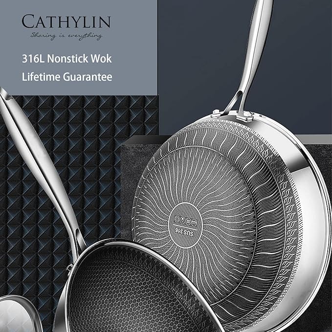 12.5" 316L Stainless Steel Honeycomb Non Stick Wok Pan Stir-fry Wok with Lid,Skillet with Stay-cool Handle PFOA Free Suitable for Induction, Ceramic, Electric, and Gas Cooktops