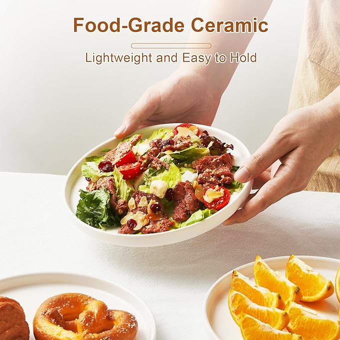 Jassceram 8.5 Inch Small Dinner Plates, Ceramic Flat Plates for Salad, Dessert and Appetizer - Microwave, Oven and Dishwasher Safe, Scratch Resistant and Lead-free, High Edge Dish Set, Set of 6, White