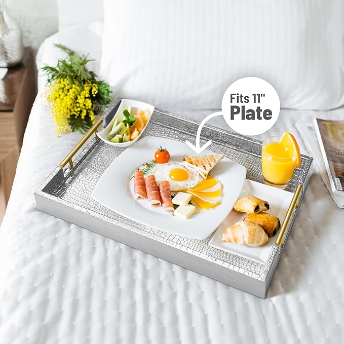 17" x 12" Wood Serving Tray with Gold Polished Metal Handles, Home Decorative Wooden Rectangle Ottoman Leather Decor Platter Bathroom Vanity Tray for All Occasions Alligator Silvery