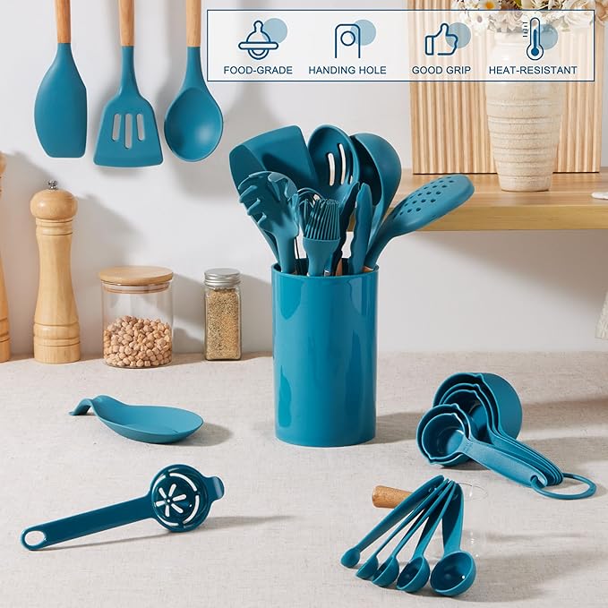 E-far Blue Cooking Utensils Set with Holder, 25-Piece Silicone Kitchen Utensil Set with Wooden Handle for Nonstick Cookware, 446°F Heat Resistant Kitchen Tool Spatula Tongs Whisk, Non-toxic & Healthy