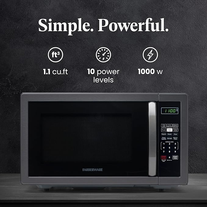 Farberware Countertop Microwave 1000 Watts, 1.1 cu ft - Microwave Oven With LED Lighting and Child Lock - Perfect for Apartments and Dorms - Easy Clean Black Stainless Steel