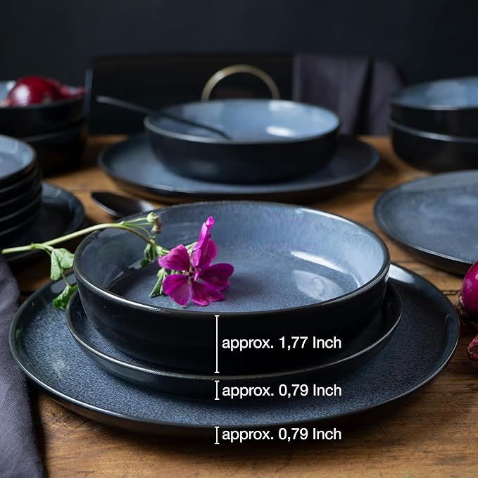 VIDA 12-Piece Porcelain Dinnerware Plate Set for 4 | Includes 4 Dinner Plates, 4 Dessert Plates, 4 Bowls | Modern Blue Ceramic Tableware, Stoneware Look, Microwave & Dishwasher Safe Dishes