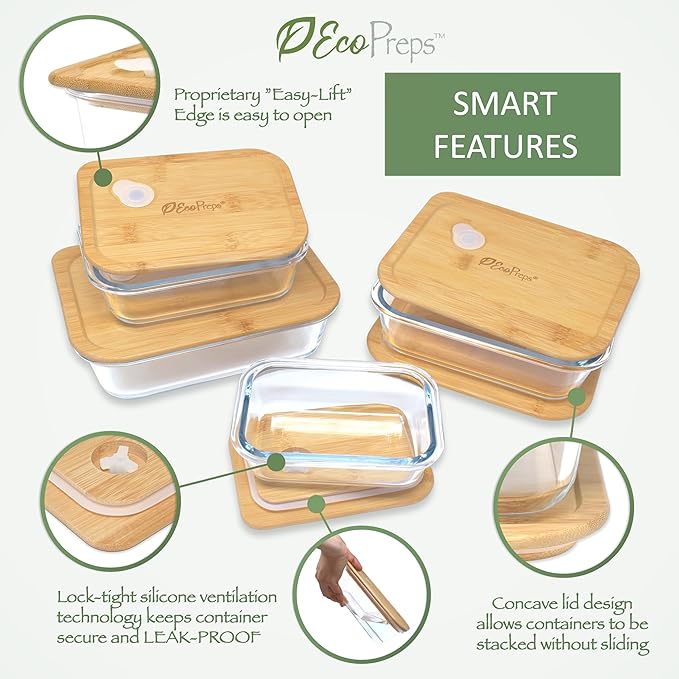 Glass Food Storage Containers with Bamboo Lids (4 Pack) - 100% Plastic Free, Eco-Friendly, Oven, Microwave Safe Meal Prep Container Set - Bamboo Lid Storage Container, Glass Lunch Containers