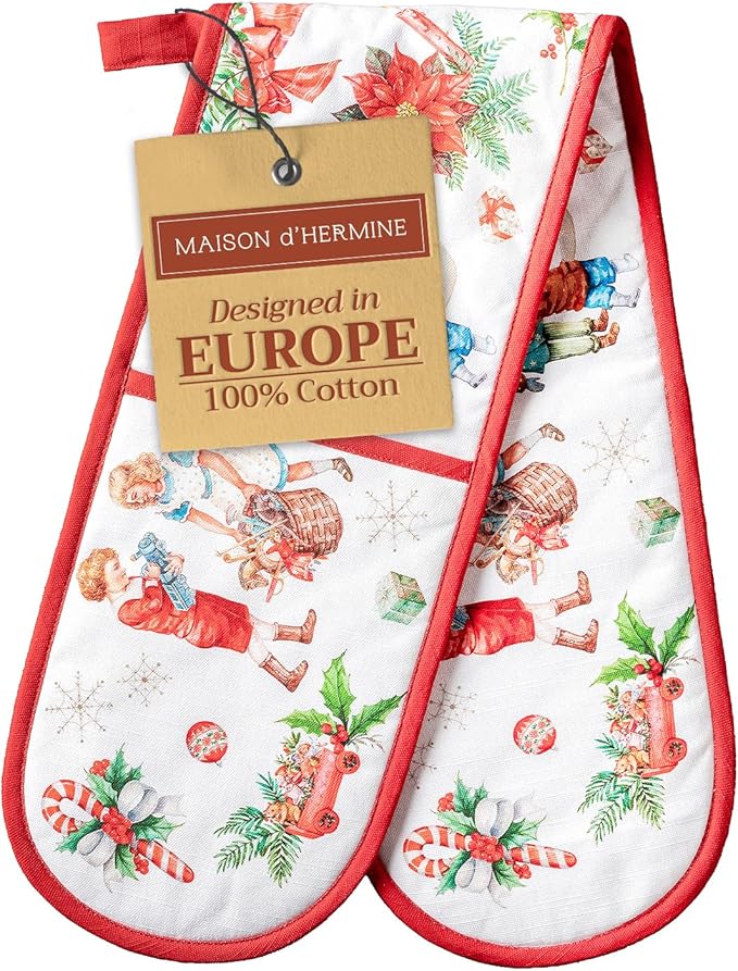 Maison d' Hermine Double Oven Mitts 100% Cotton 7"x35" Double Oven Mitt Heat Resistant BBQ Cooking Gloves with Loop, Baking, Grilling, Home, Kitchen, Handling Hot Pans (Chromo)