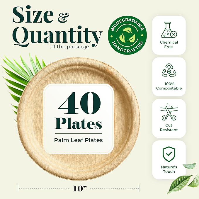 Palm Leaf Plates 10 Inch Bamboo Paper Disposable 50 Bulk Dinner Round Party Plates Event Tableware Eco Biodegradable Compostable Wooden Plate Best Alternative to Plastic Plate