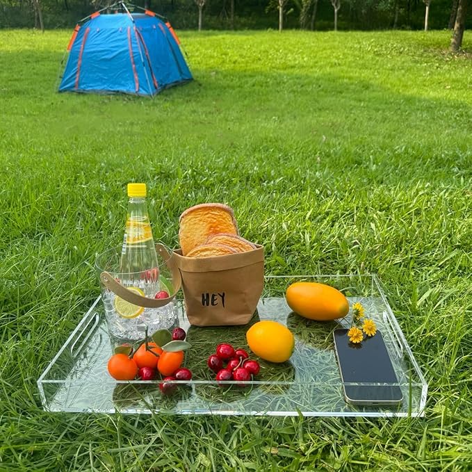 Clear Sturdy Acrylic Serving Tray with Handles-12x20Inch-Serving Coffee,Appetizer,Breakfast,Butler-Kitchen Countertop Makeup Drawer Organizer-Vanity Table Ottoman Tray-Decorative Tray