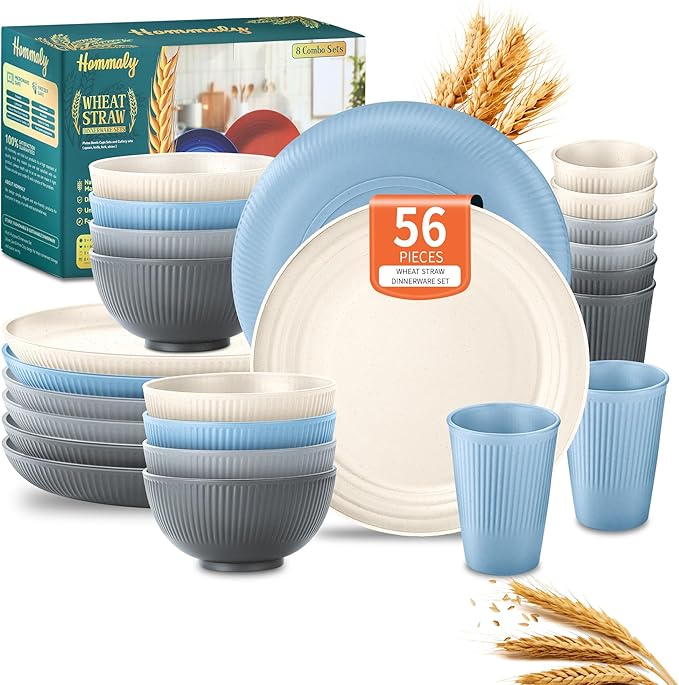 Hommaly Wheat Straw Dinnerware Sets,56-Piece Plates and Bowls Sets for 8-Unbreakable,Reusable Plastic Dish Set-Dinner Plate/Cereal Bowl/Cup/Utensils-Dishwasher Safe 56P-Seaside Road