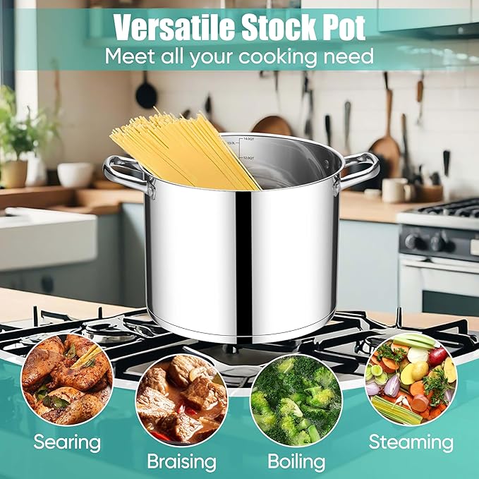 E-far 14 Quart Stainless Steel Stock Pot, Heavy Duty Induction Stockpot with Glass Lid for Cooking Soup Canning, Thick Tri-Ply Bottom & Riveted Handles, Compatible with All Stoves, Dishwasher Safe
