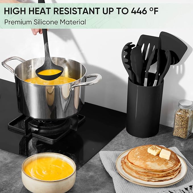 Herogo Silicone Cooking Utensils Set, 7-Piece Kitchen Utensils Set, Heat Resistant Cooking Gadget Tools Slotted Turner, Spoon, Soup Ladle, Pasta Server, Spatula, Tongs for Nonstick Cookware, Black