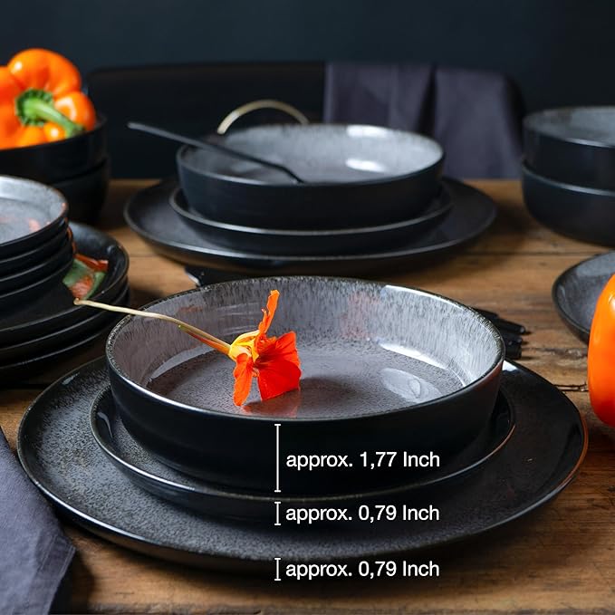 VIDA 12-Piece Porcelain Dinnerware Plate Set for 4 | Includes 4 Dinner Plates, 4 Dessert Plates, 4 Bowls | Modern Grey Ceramic Tableware, Stoneware Look, Microwave & Dishwasher Safe Dishes