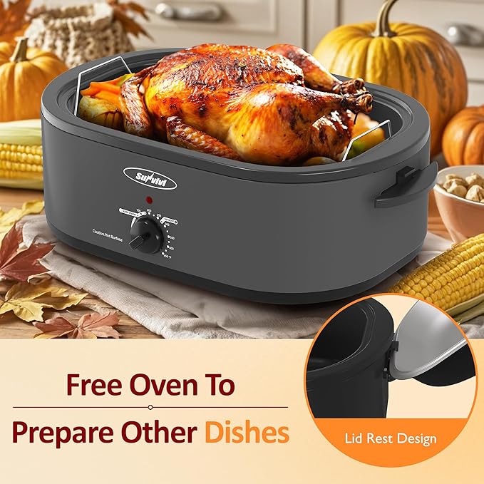 Sunvivi 18-Quart Roaster Oven with Self-Basting Lid, Electric Turkey Roaster Oven with Removable Pan and Rack, Stainless Steel, Grey
