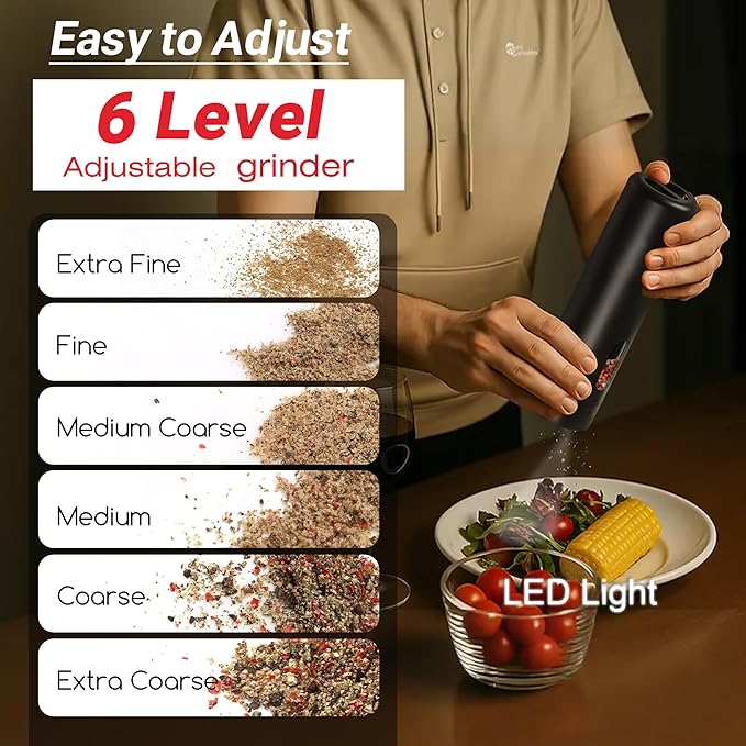 Electric Salt and Pepper Grinder Set – Rechargeable Automatic Mills with 6-Level Adjustable Coarseness, White LED Light, Large 110ml Capacity and Storage Base